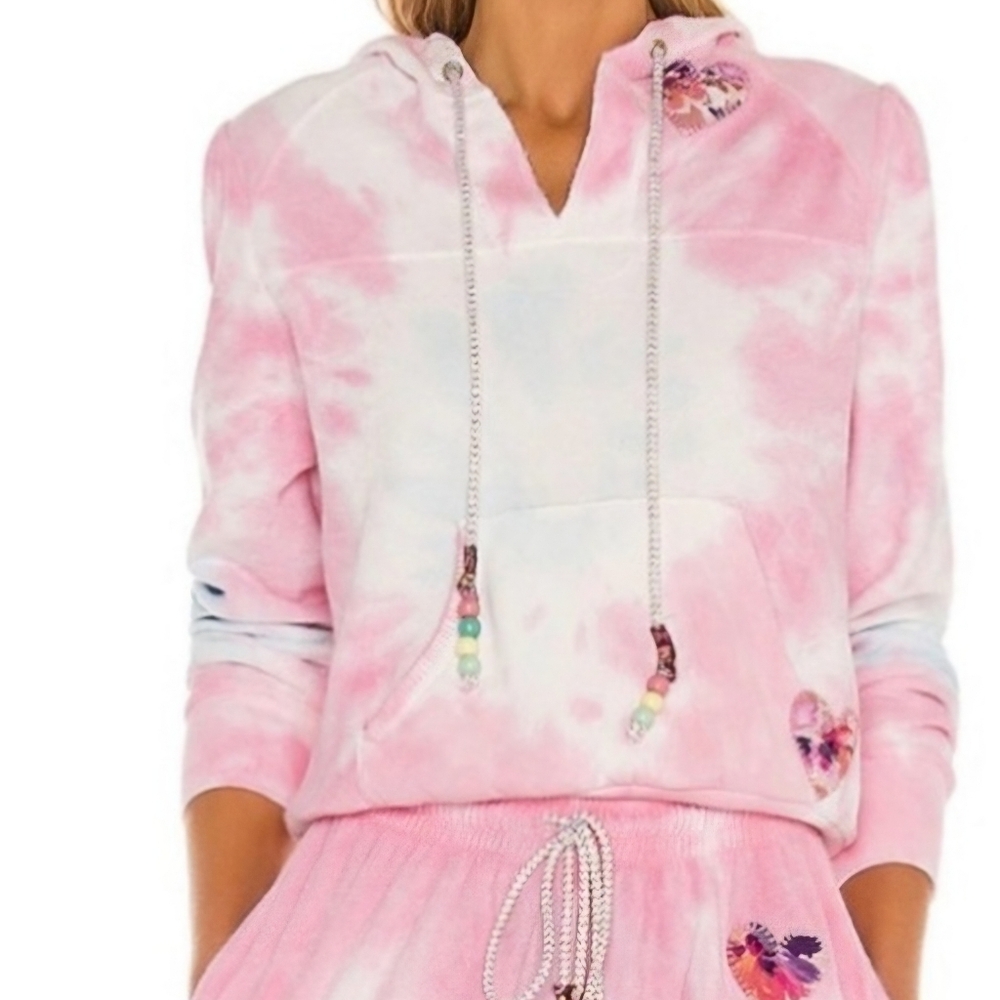 Love Shack Fancy Kirby Pink Tie Dye Hoodie Sweatshirt Patch Hearts